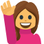An emoji of a girl with brown hair wearing a pink shirt raising her hand.