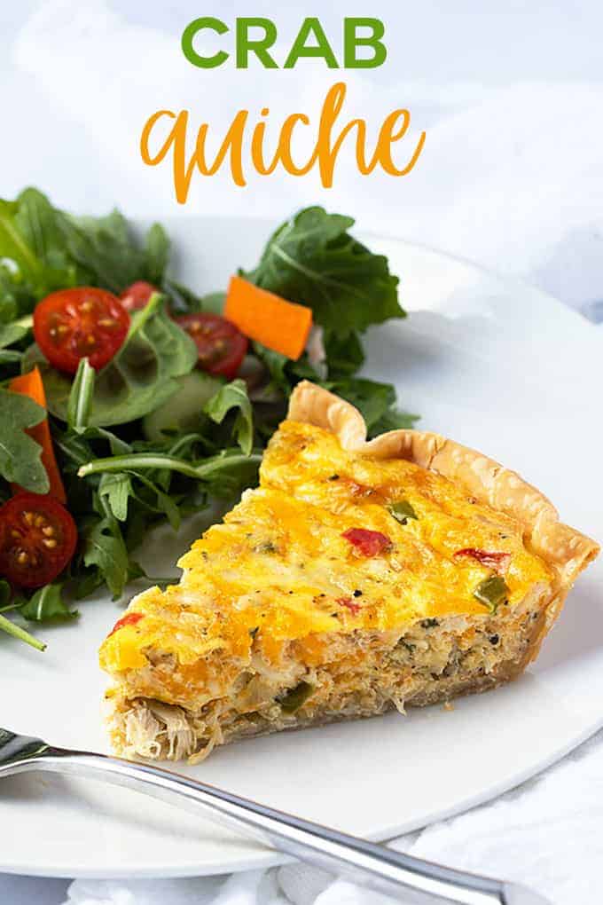 A slice of quiche on a plate with a salad and a fork with overlay text.