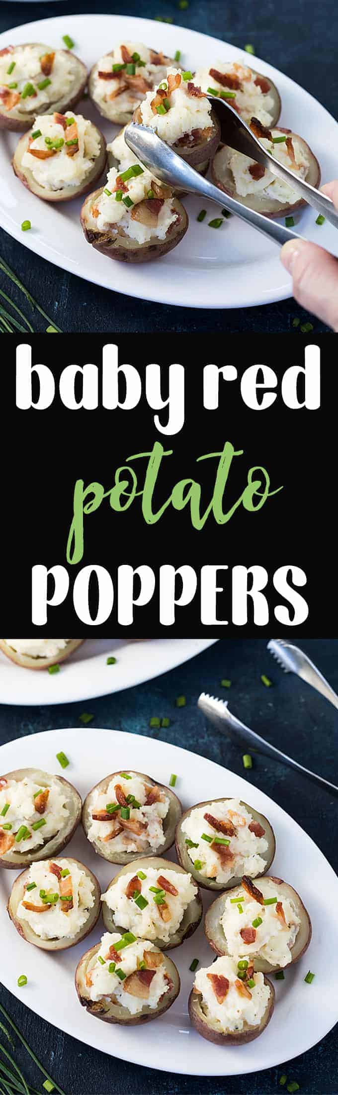 A two image vertical collage of red potato poppers with overlay text in the center.