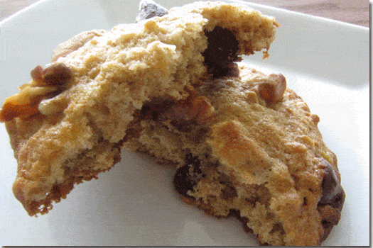 Closeup of a chocolate chip cookie broken in half on a white plate.