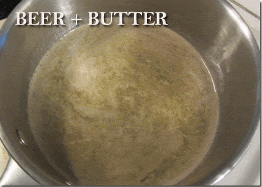 Overhead view of melted butter and beer in a saucepan. Text at top left of image.