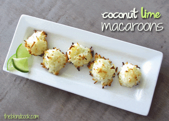 Overhead view of coconut macaroons on a rectangle white serving dish. Text at top right of image.