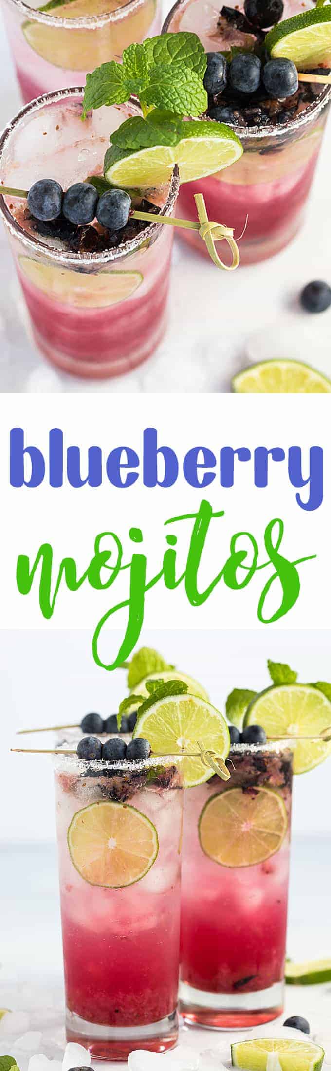 A two image vertical collage of blueberry mojitos with overlay text in the center.