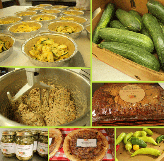A collage image of zucchini, peppers, bread, a pie, jars of pickles and a mixer bowl.