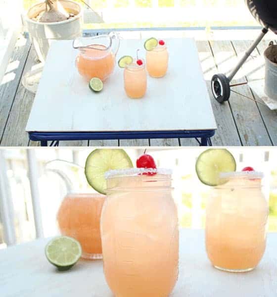 2 images - top is behind the scenes of photo backdrop with pink cocktails on a porch.  Second is edited image.