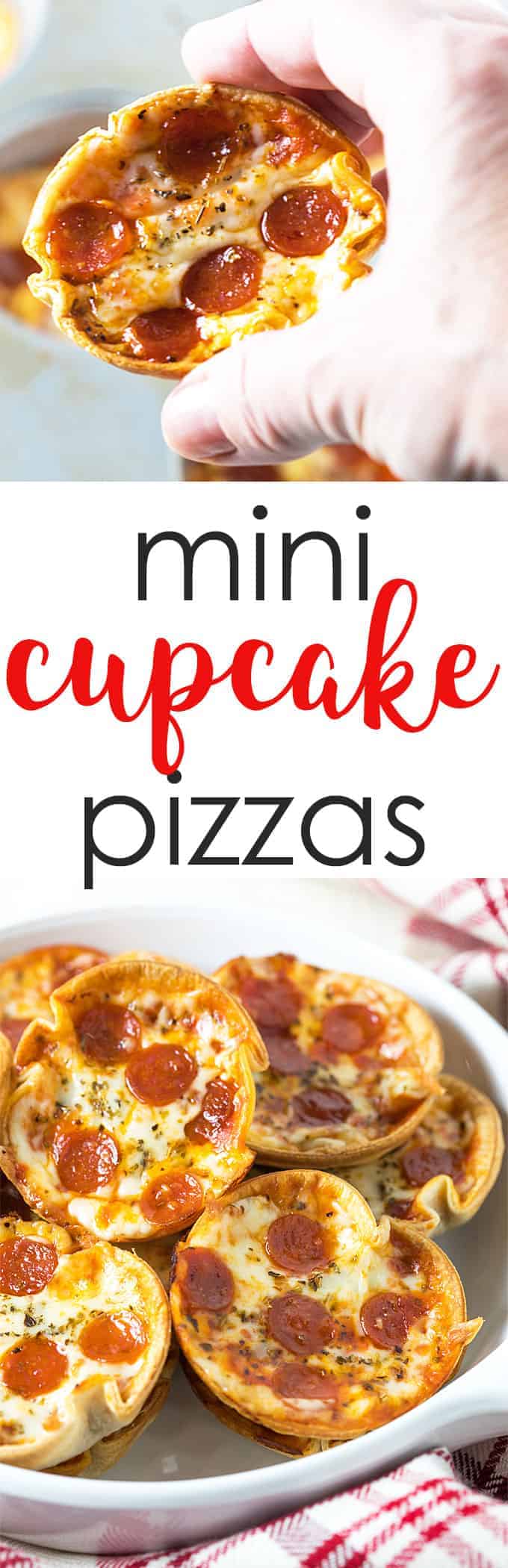 A two image vertical collage of mini cupcake pizzas with overlay text in the center.