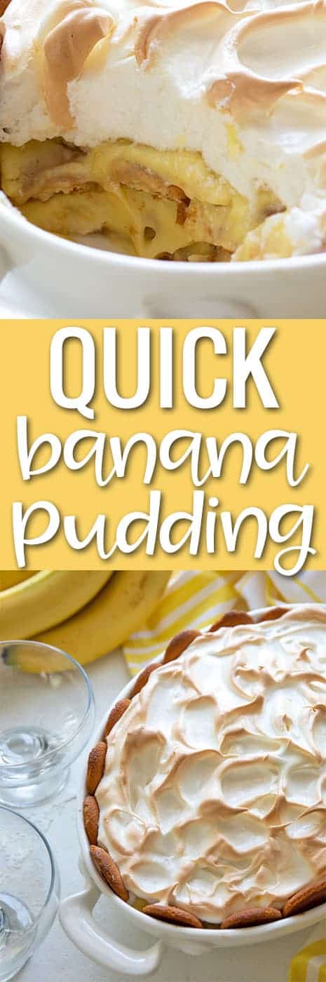 Two images of banana pudding.  Text in center says quick banana pudding.