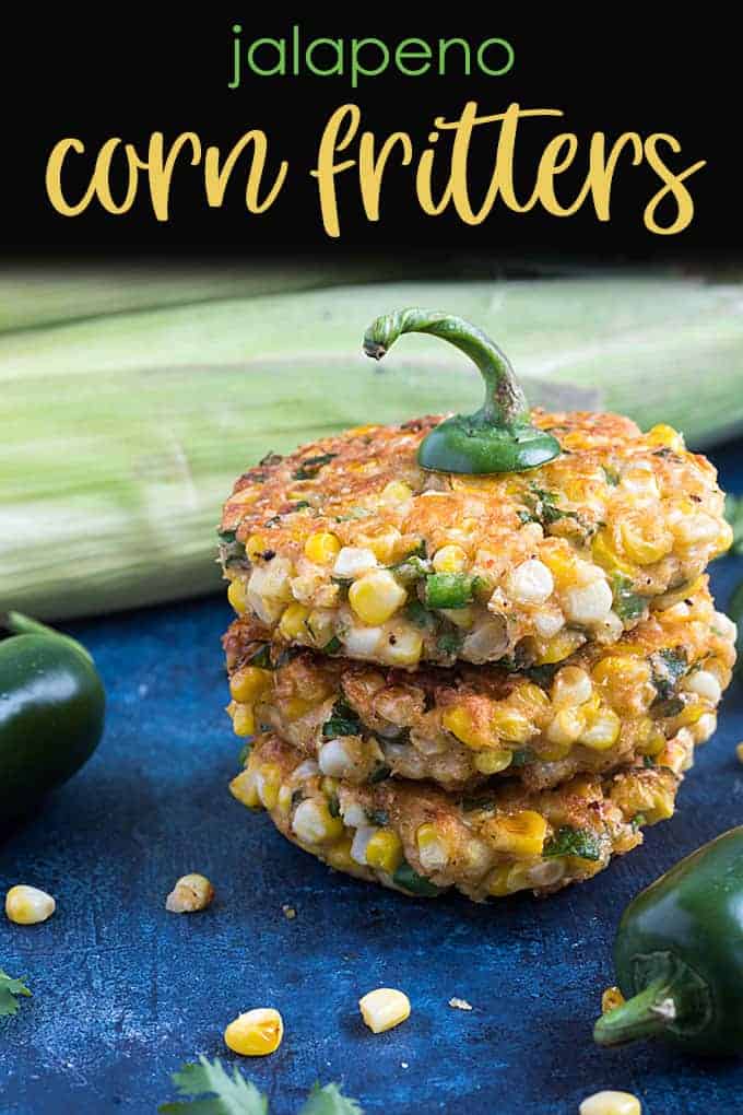 Three stacked corn fritters on a blue surface with overlay text.
