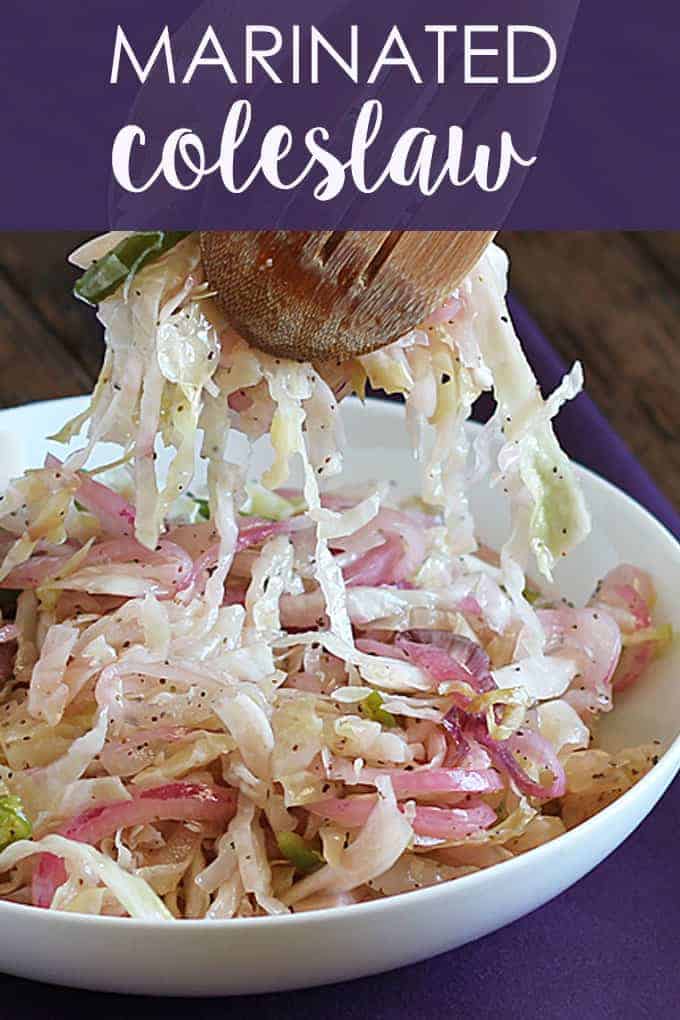Wooden salad servers removing coleslaw from a white bowl.  Overlay text at top of image.