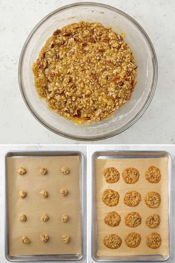 Step-by-step photos showing how to make oatmeal lace cookies.