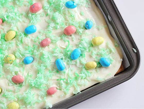 Overhead closeup view of Easter bark candy prepared in a baking sheet.