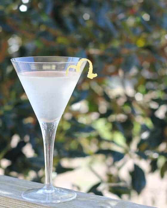 A martini on a wood porch rail with greenery in the background.