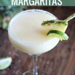 A frozen margarita in a glass. Overlay text at top of image.