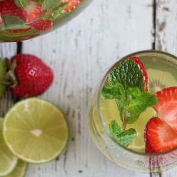 Overhead view of Strawberry Kiwi Sangria in a glass