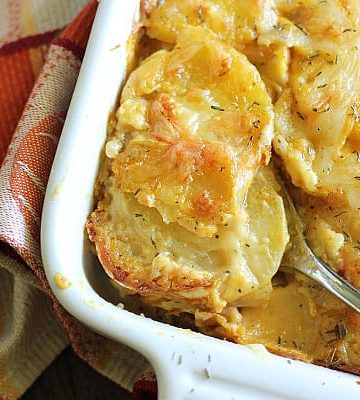 Swiss cheesy and creamy Pumpkin Scalloped Potatoes seasoned with chipotle pepper and thyme
