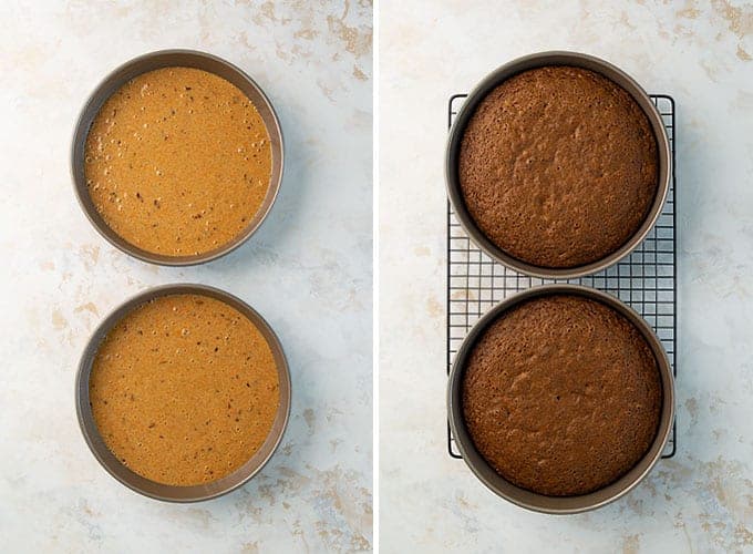 2 images - First is 2 round cake pans with cake batter. Second is baked cakes on a baking rack.