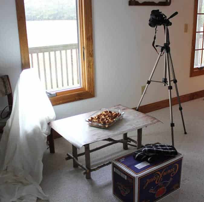 Behind the scenes set up for photographing a casserole.
