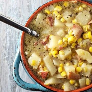 Corn Chowder ~ A lactose-free, creamy and delicious corn chowder with bacon, potatoes & seasonings!