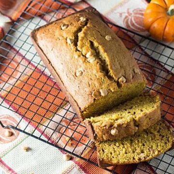 Pumpkin Peanut Butter Bread – Pumpkin, peanut butter chips and spices come together in this perfectly moist bread!