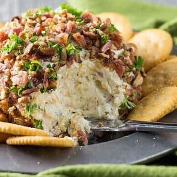 Bacon Pineapple Ranch Cheese Ball -- full of meaty bacon, sweet pineapple and spicy ranch flavors!