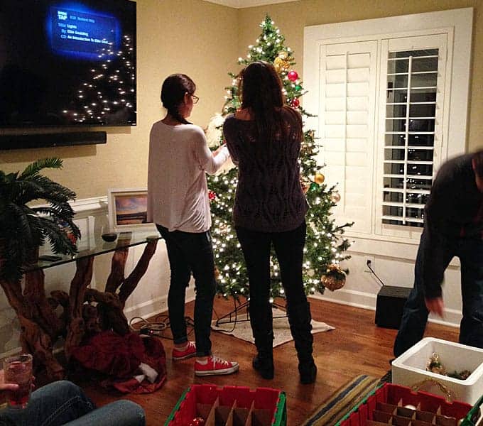Two women with brown hair decorating a holiday tree. 