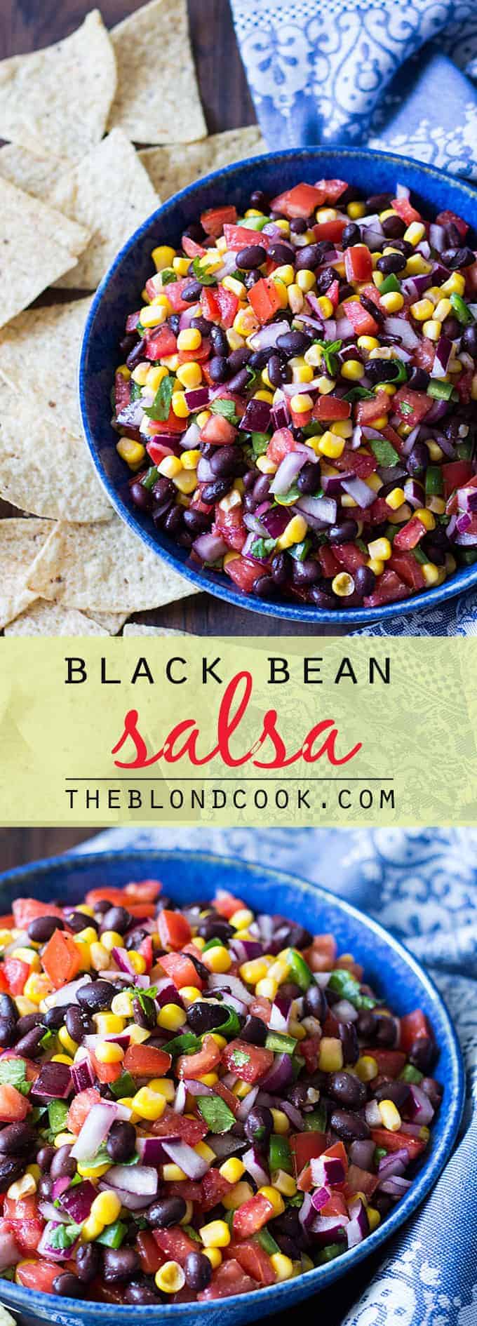 Two images of salsa in a blue bowl.  Text in center says black bean salsa.