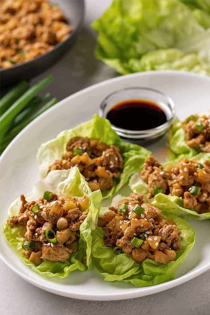 Asian chicken wraps on an oval white plate with soy sauce.