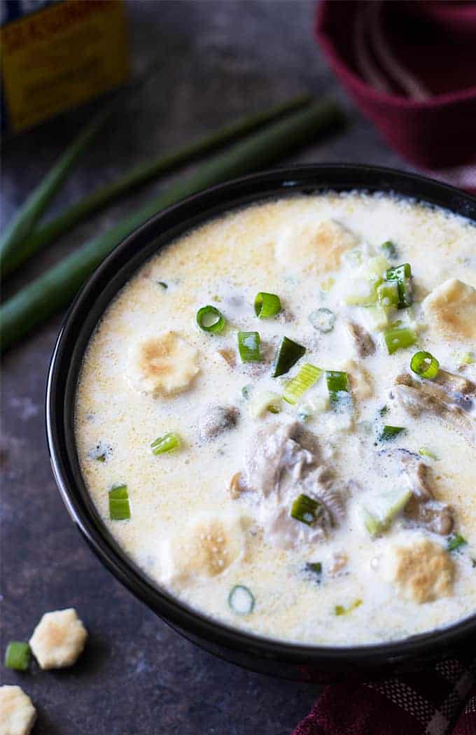 Closeup view of oyster stew in a black bowl topped with sliced green onions.