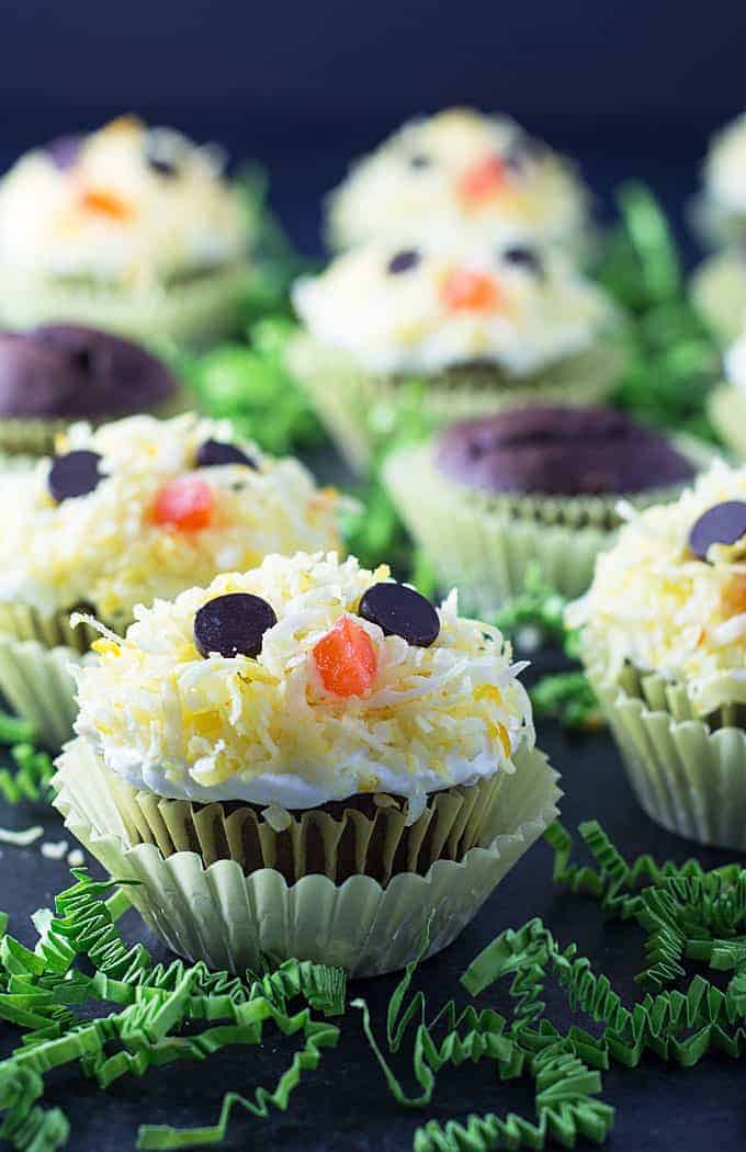 Cupcakes with white frosting decorated with yellow coconut, chocolate chips and sliced orange gum drops.