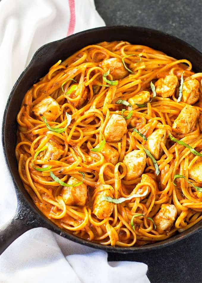 One Pan Chicken and Pasta in Tomato Cream Sauce The