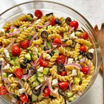 Overhead view of Easy Greek Pasta Salad in a large glass bowl