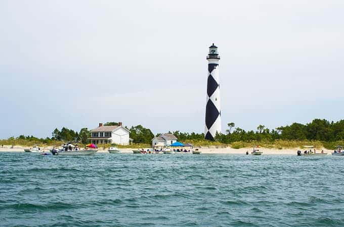 A view of the Cape Lookout Lighthouse from the water.