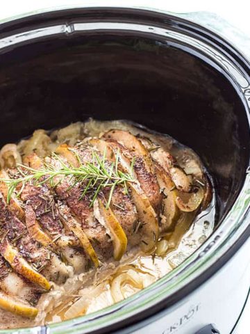Apple Rosemary Pork Loin in an oval slow cooker