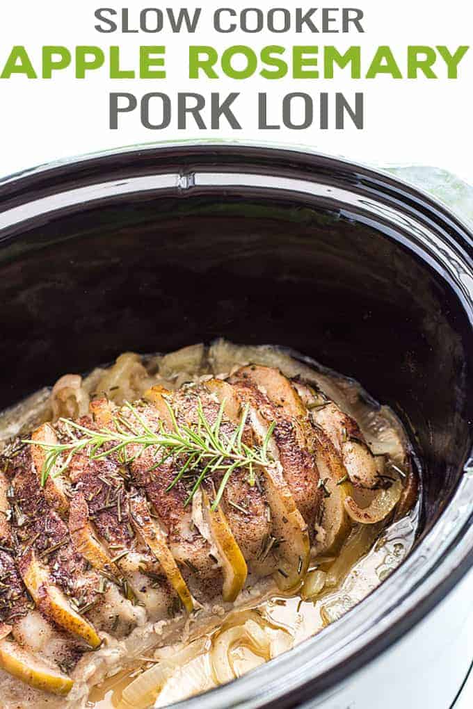 A cooked pork loin with apples and rosemary in a slow cooker with text overlay.