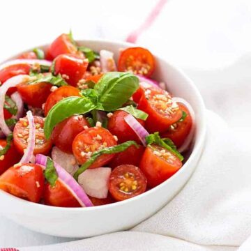 Tomato, Basil & Red Onion Salad with a homemade red wine vinaigrette