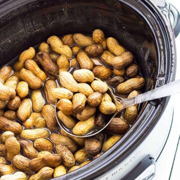 Overhead view of a ladle ladling boiled peanuts from a slow cooker.