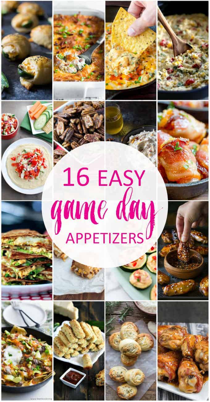 A collage image of game day appetizers.  Text is in center of the collage.