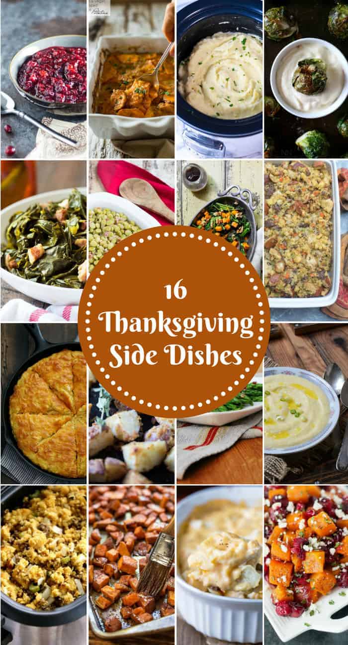 A collage image of Thanksgiving side dishes.  Text is in the center of the collage.