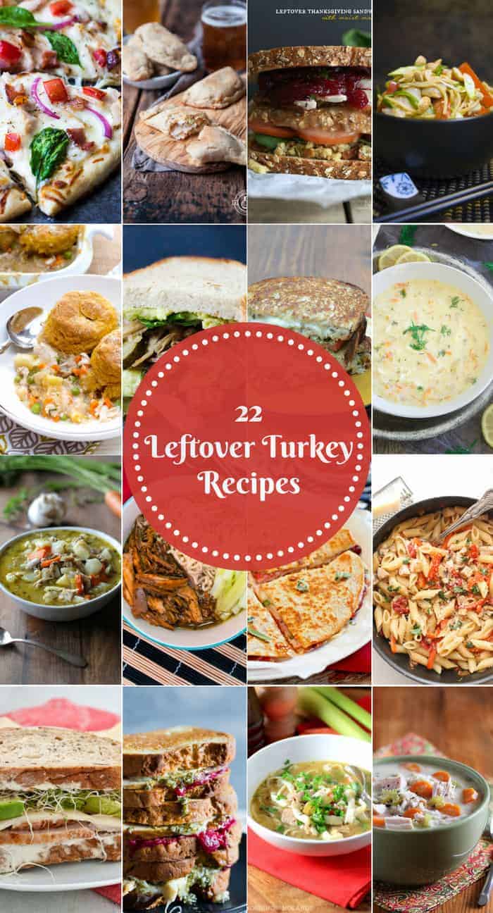 A collage image of recipes using leftover turkey.  Text is in center of image.