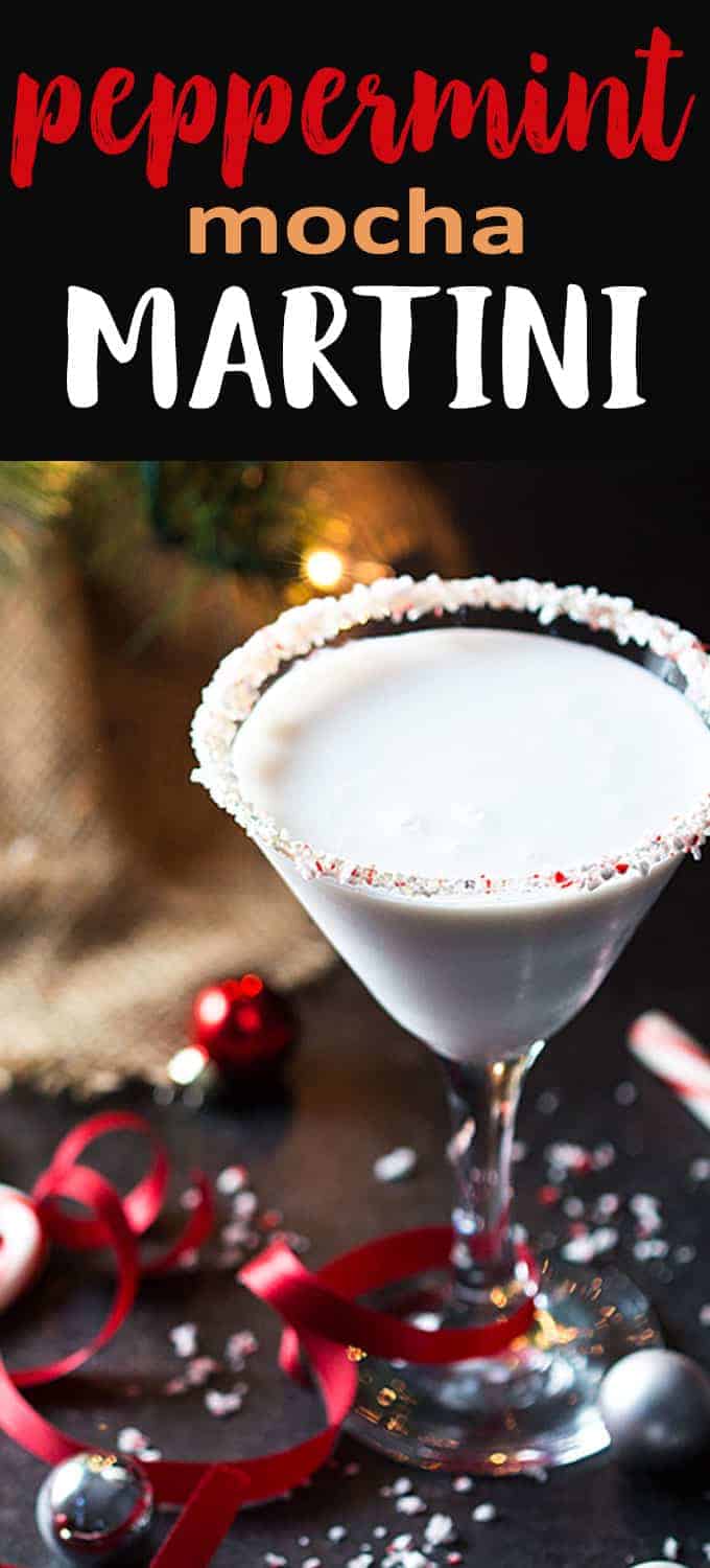 A mocha martini in a glass with a crushed peppermint rim.