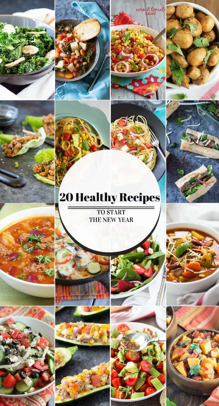 A collage image of healthy recipes.  Text is in center of image.  