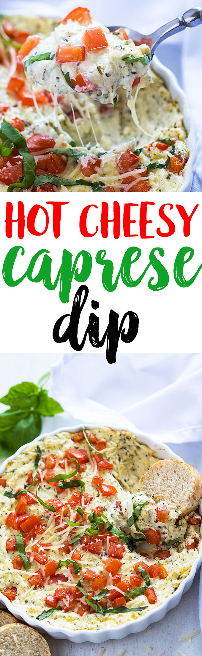 Two images of caprese dip - one with a spoon and one in a baking dish.  