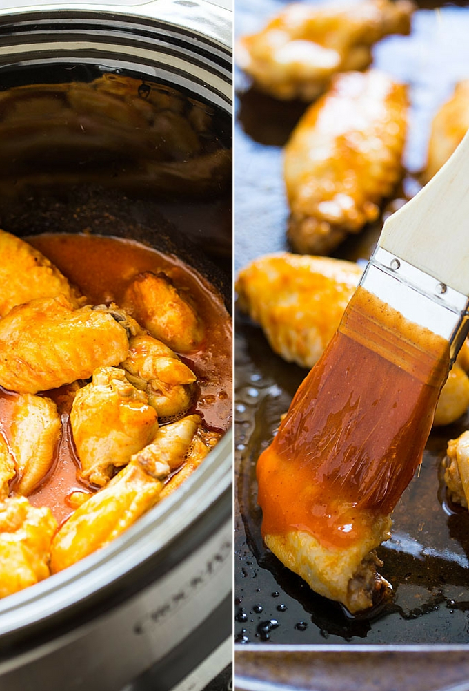 Two images:  a crockpot with buffalo chicken wings and brushing sauce on a chicken wing.