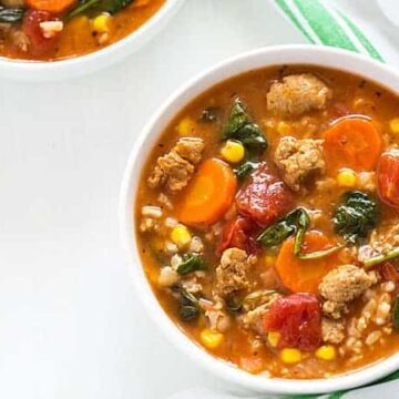 Turkey Sausage Soup with Rice and Veggies – Less than 300 calories per serving. So hearty and comforting!