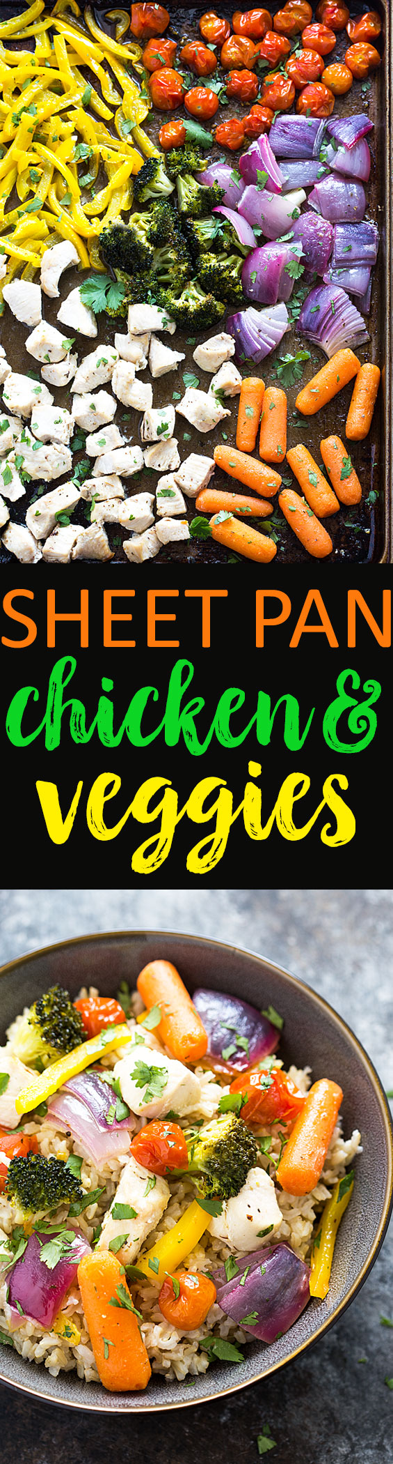 Two images: chicken and vegetables in a sheet pan and in a bowl.   