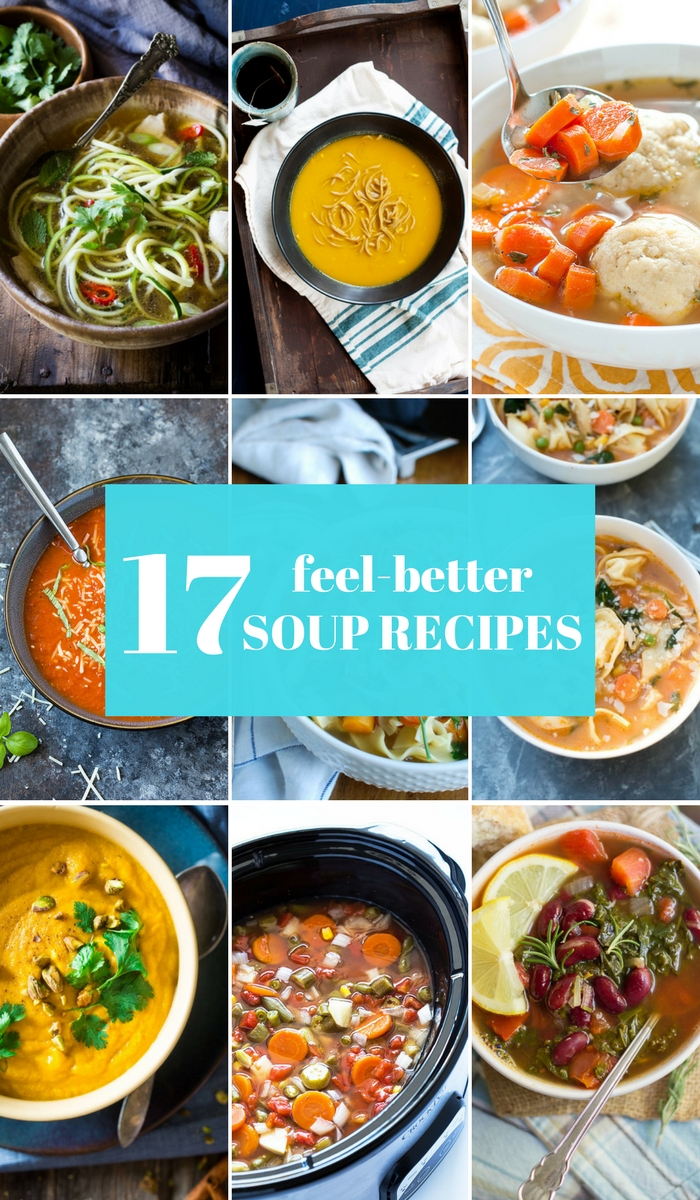 A collage of images of soup with overlay text in the center.