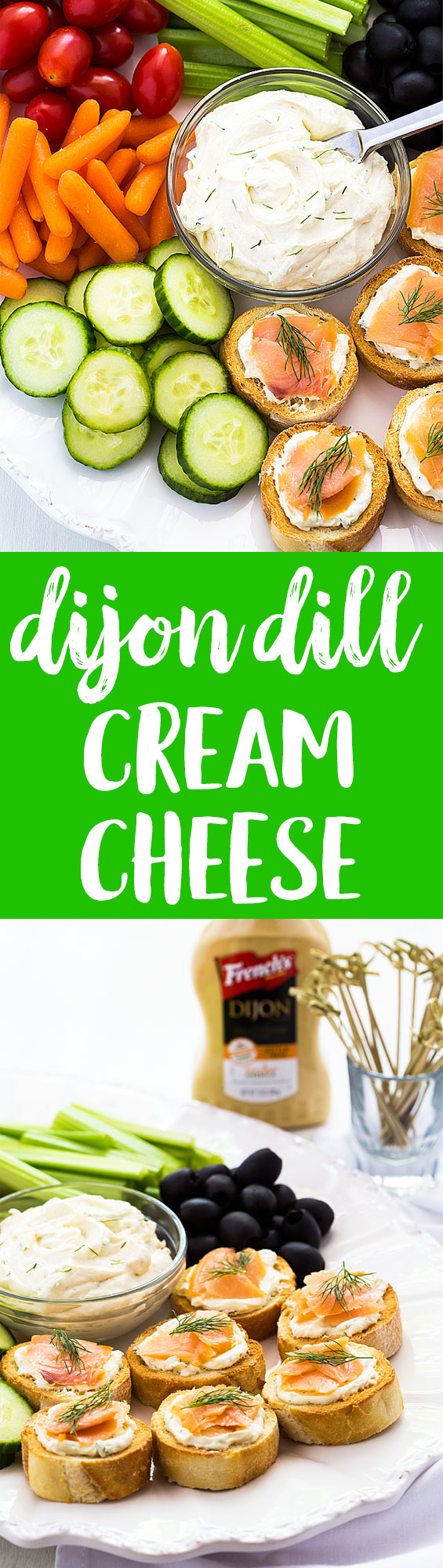 A two image vertical collage of dijon dill cream cheese with overlay text in the center.