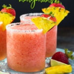 Front view of three garnished margaritas with overlay text at top.