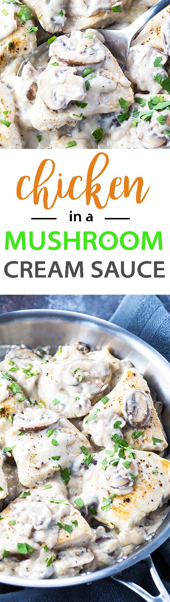 A two image vertical collage of chicken in a garlic mushroom sauce with overlay text.