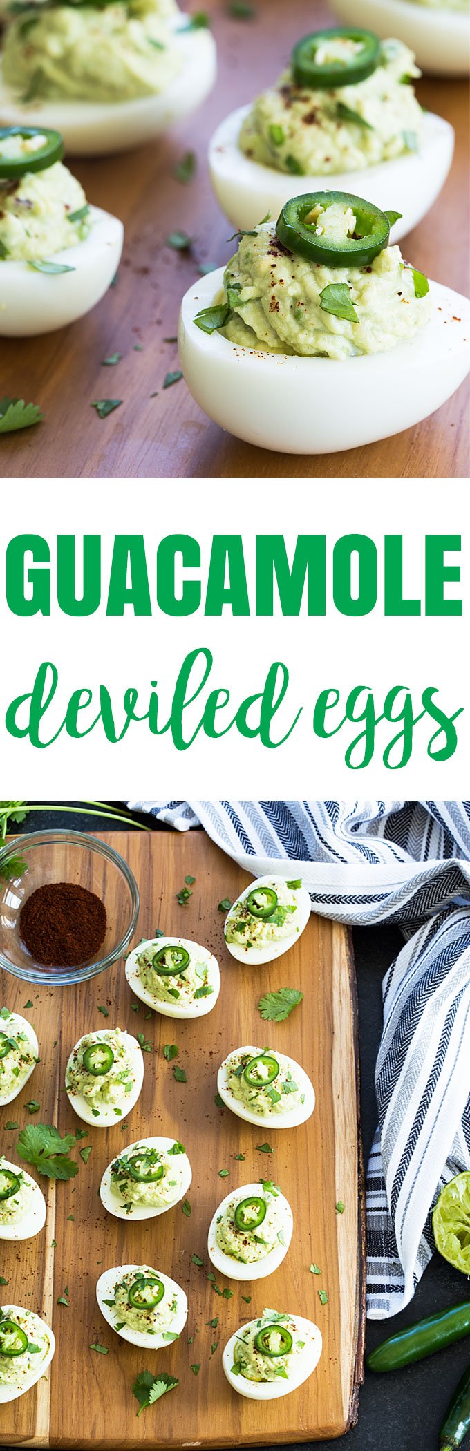 A two image vertical collage of guacamole deviled eggs with overlay text in the center.